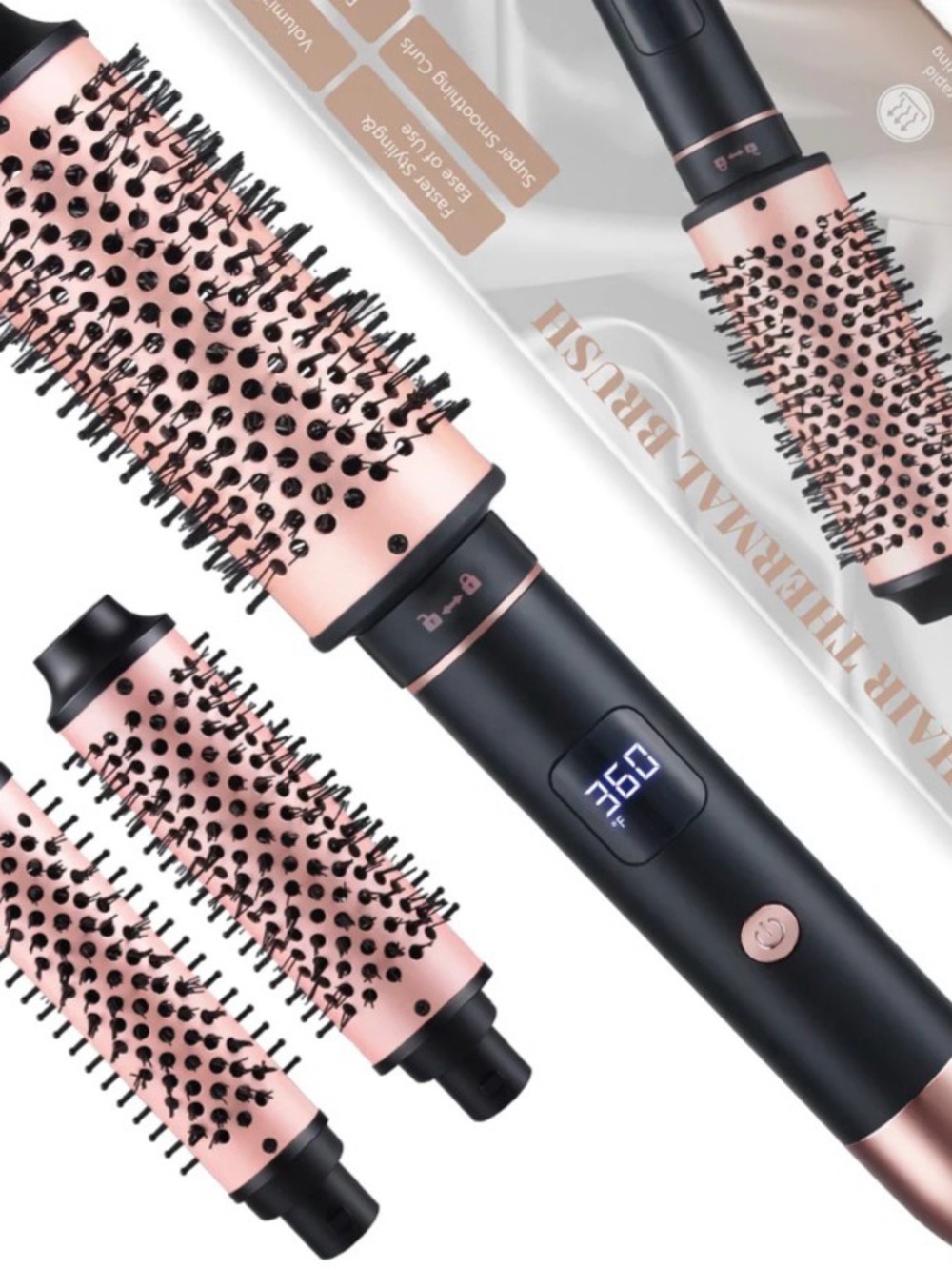 NONK 3-in-1 Interchangeable Curling Iron Brush & Thermal Round Brush Set